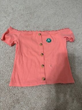 aerie Coral Off-Shoulder Ribbed Button-Front Kids Top